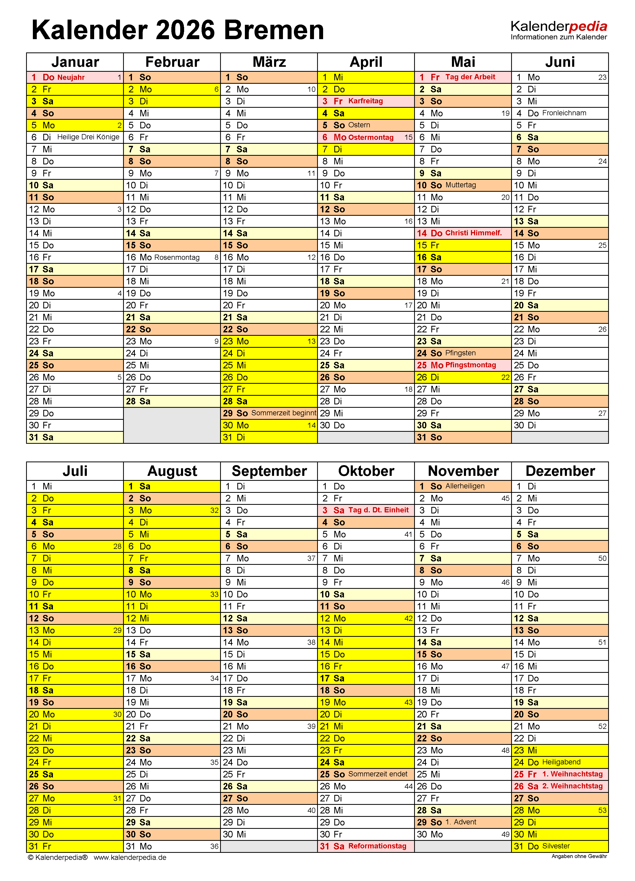 Kalender 2026 Bremen: Ferien, Feiertage, PDF-Vorlagen Illustration 