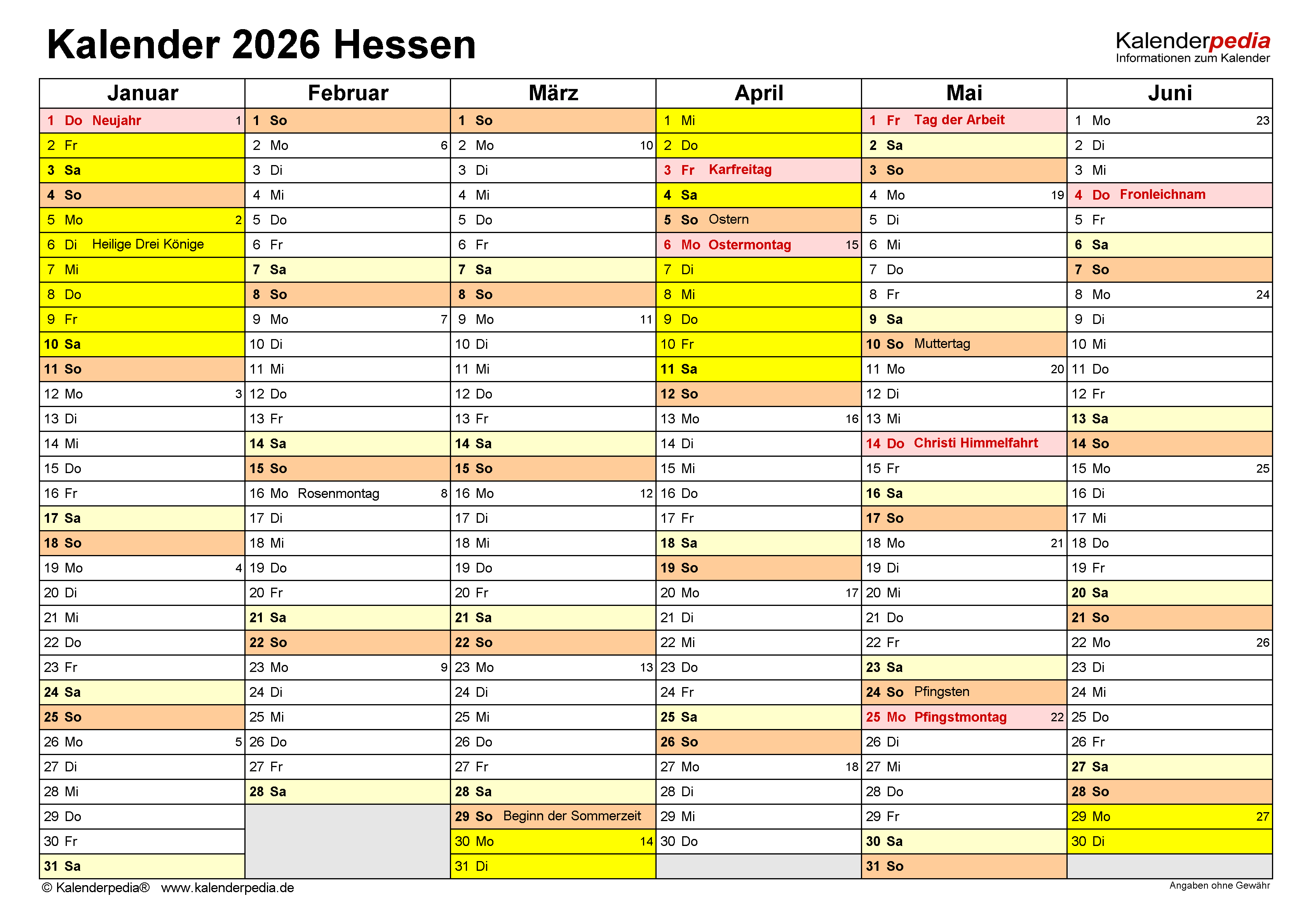  Kalender 2026 Hessen: Ferien, Feiertage, Excel-Vorlagen 