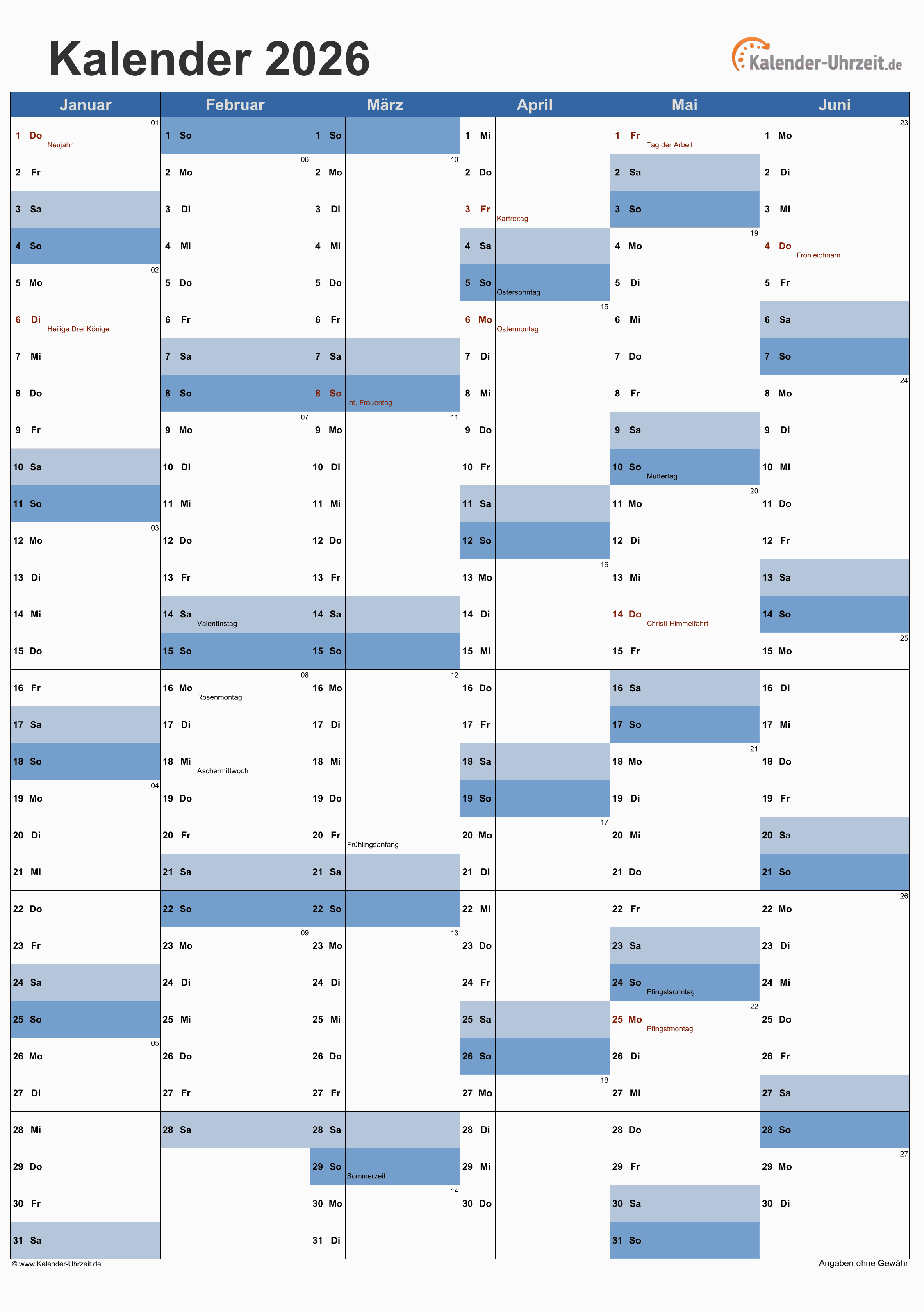  EXCEL-KALENDER 2026 - KOSTENLOS Bildidee 
