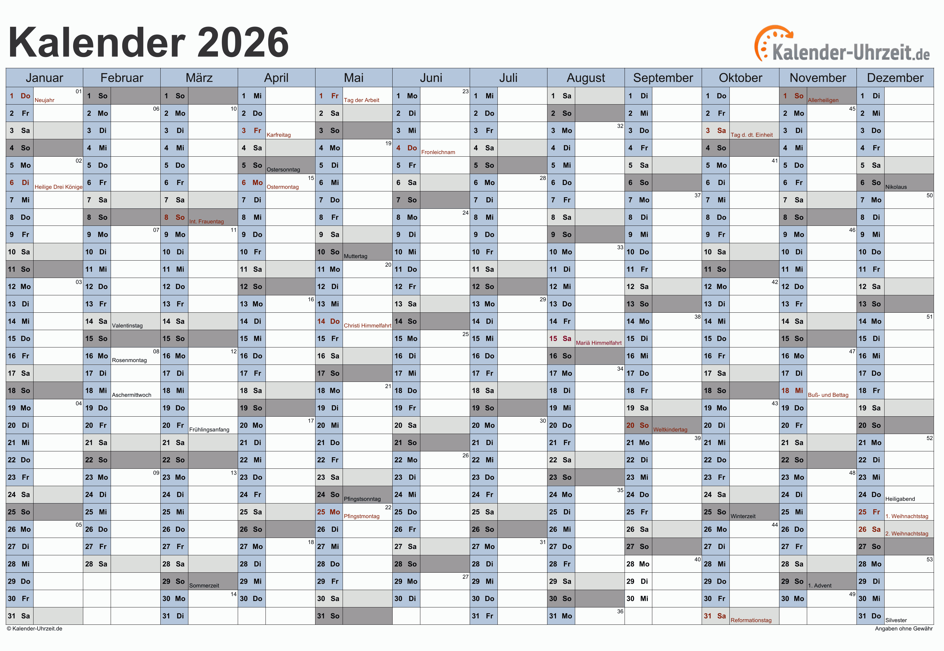  KALENDER 2026 ZUM AUSDRUCKEN - KOSTENLOS Bildidee 