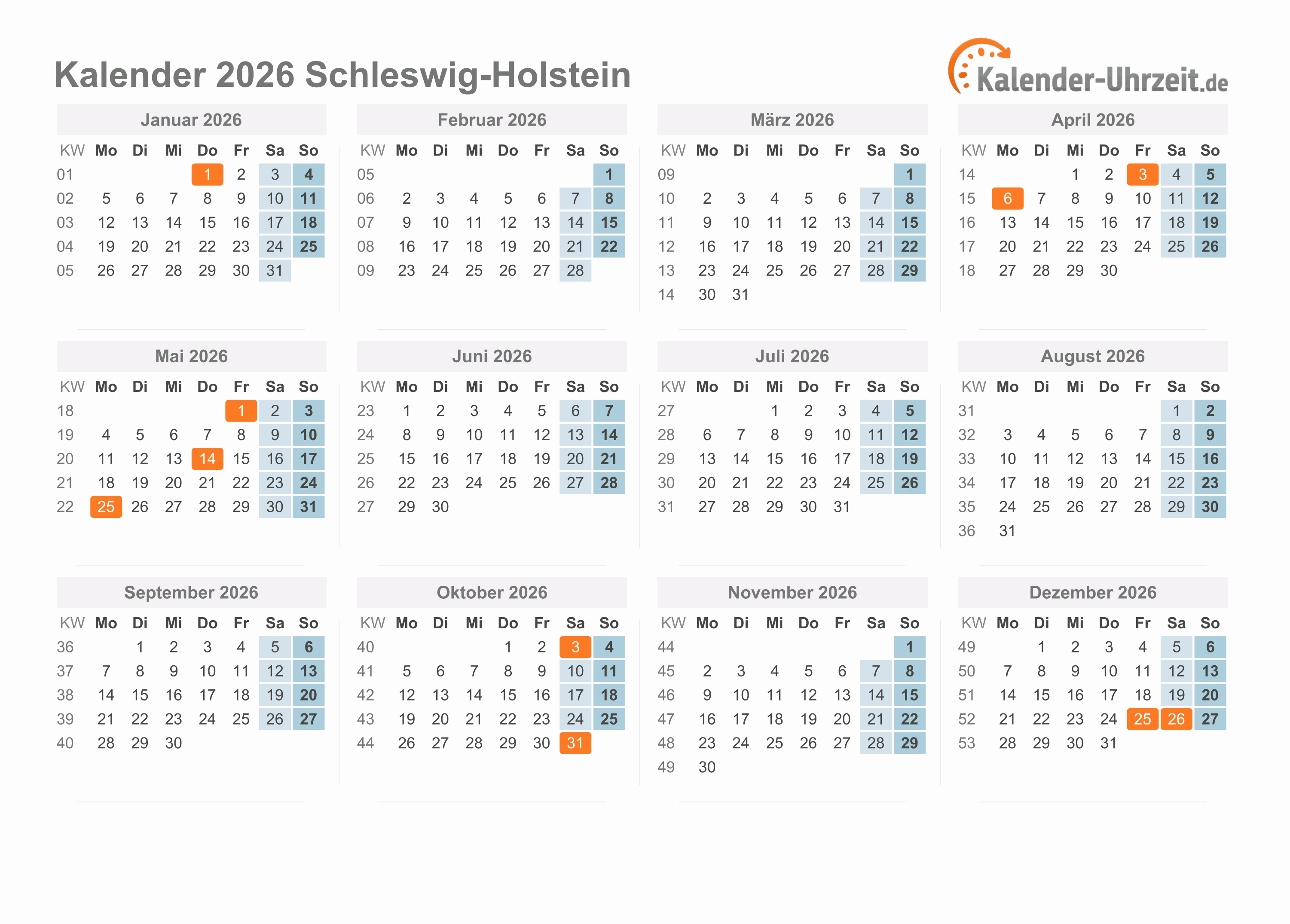  Feiertage 2026 Schleswig-Holstein + Kalender Motiv 