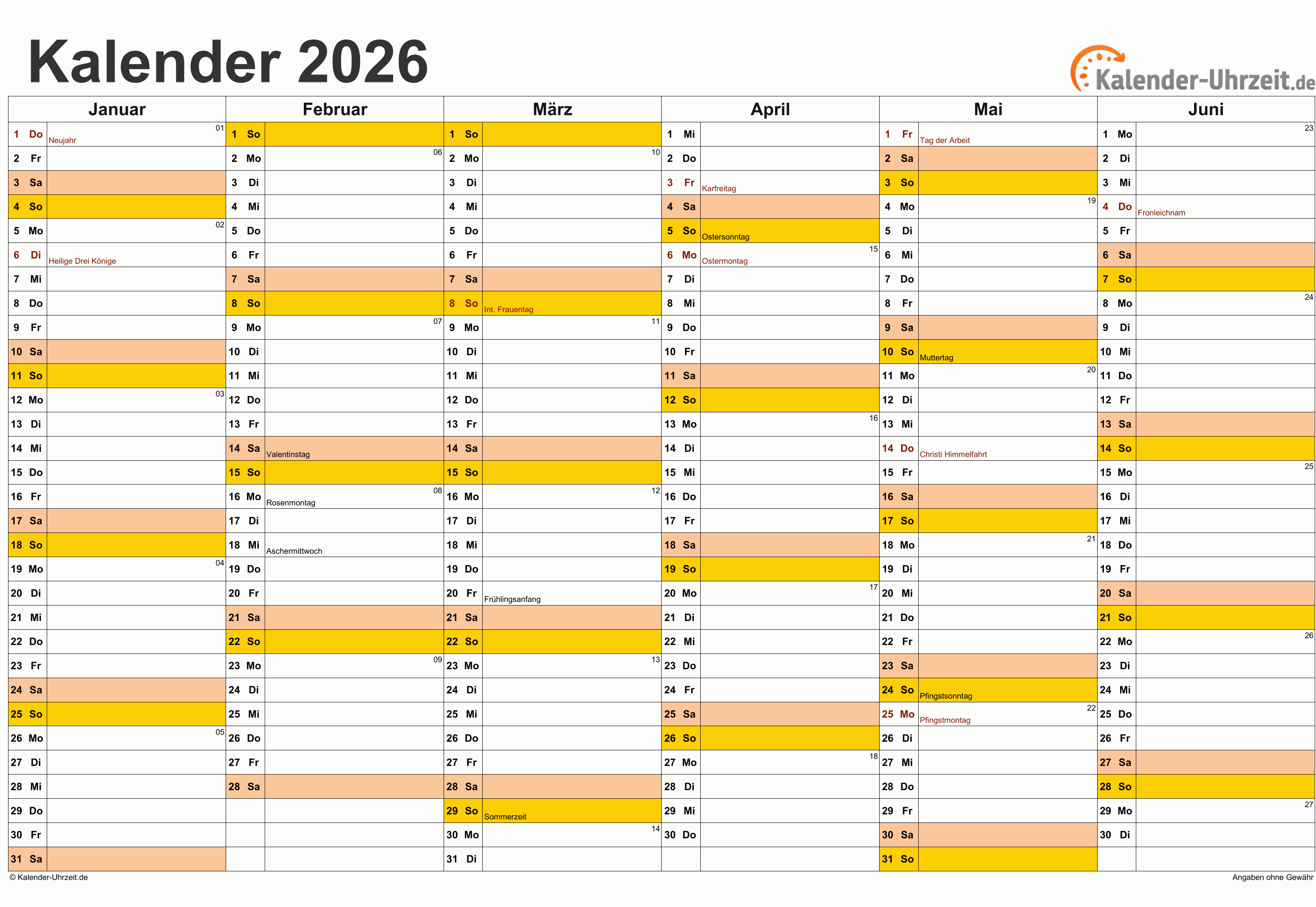  Kalender 2026 mit Feiertagen Motiv 