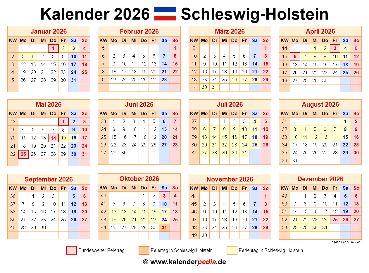  Kalender 2026 Schleswig-Holstein: PDF-Vorlagen mit Ferien Illustration 