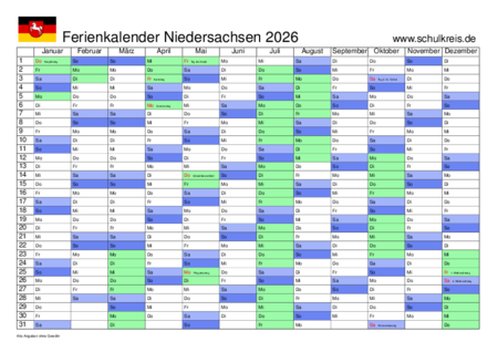  Foto zu Schulferien-Kalender Niedersachsen 2026 mit Feiertagen und Ferien 