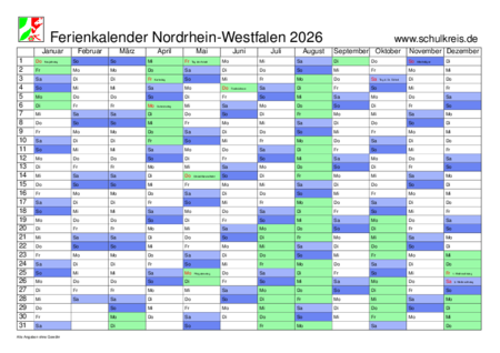  Schulferien-Kalender NRW Nordrhein-Westfalen 2026 mit Feiertagen und Ferien 