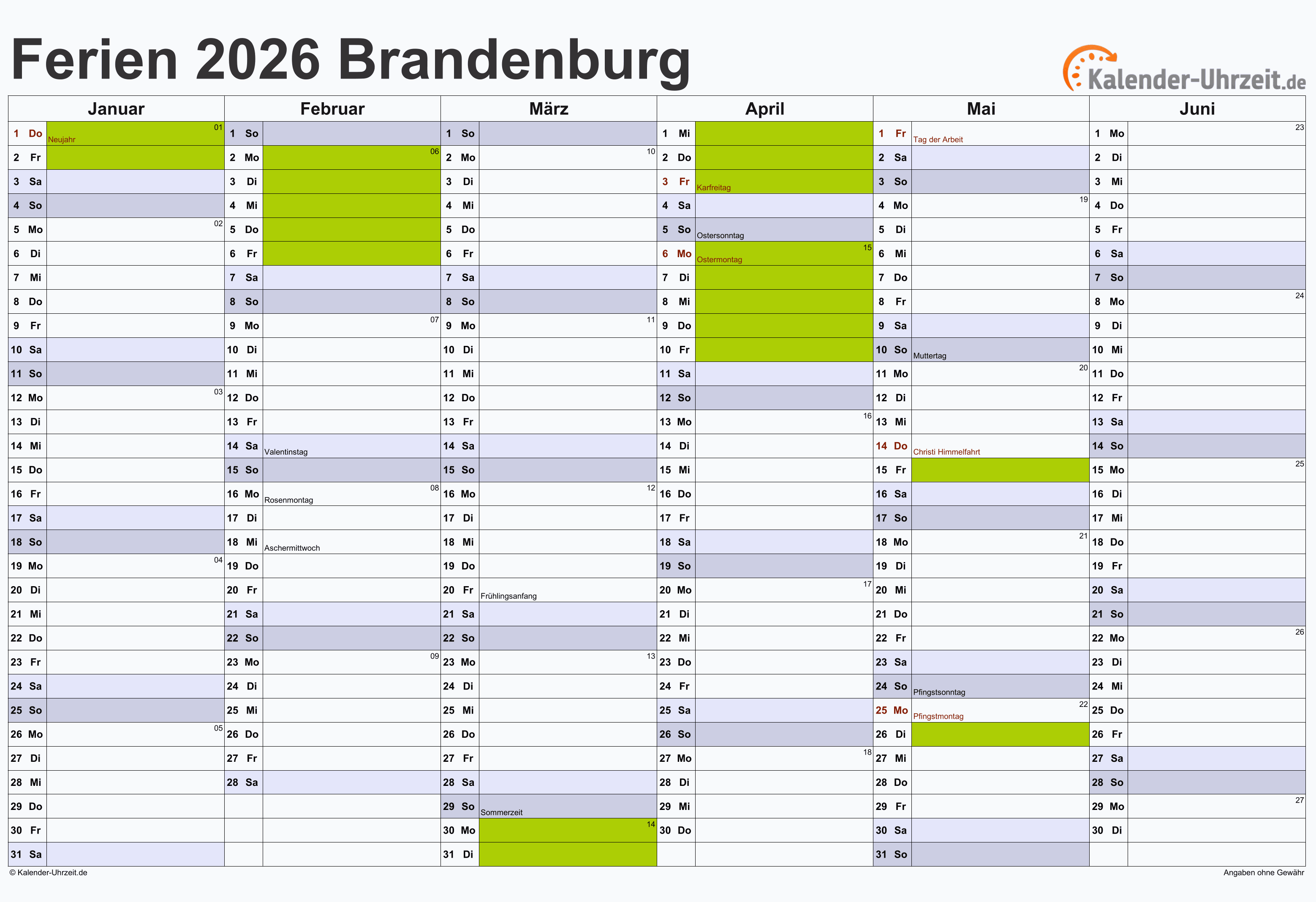  Ferien Brandenburg 2026 - Ferienkalender zum Ausdrucken Illustration 