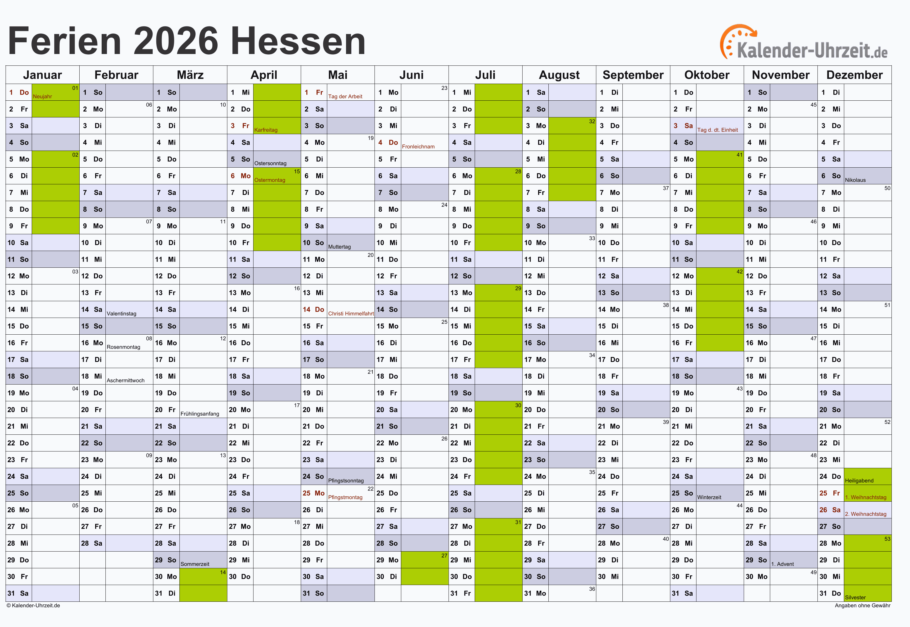  Ferien Hessen 2026 - Ferienkalender zum Ausdrucken 