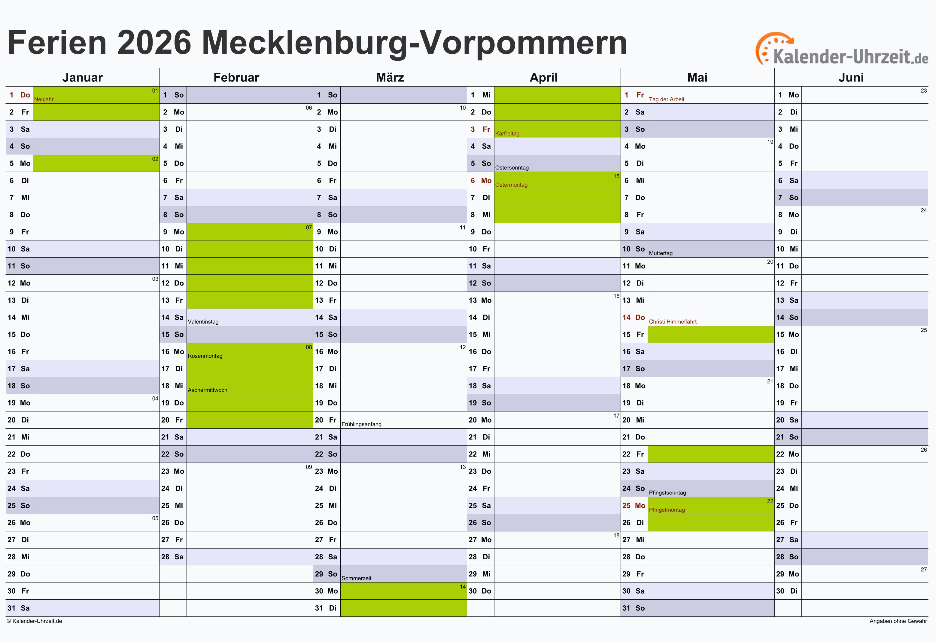  Ferien Meck.-Pomm. 2026 - Ferienkalender zum Ausdrucken Illustration 