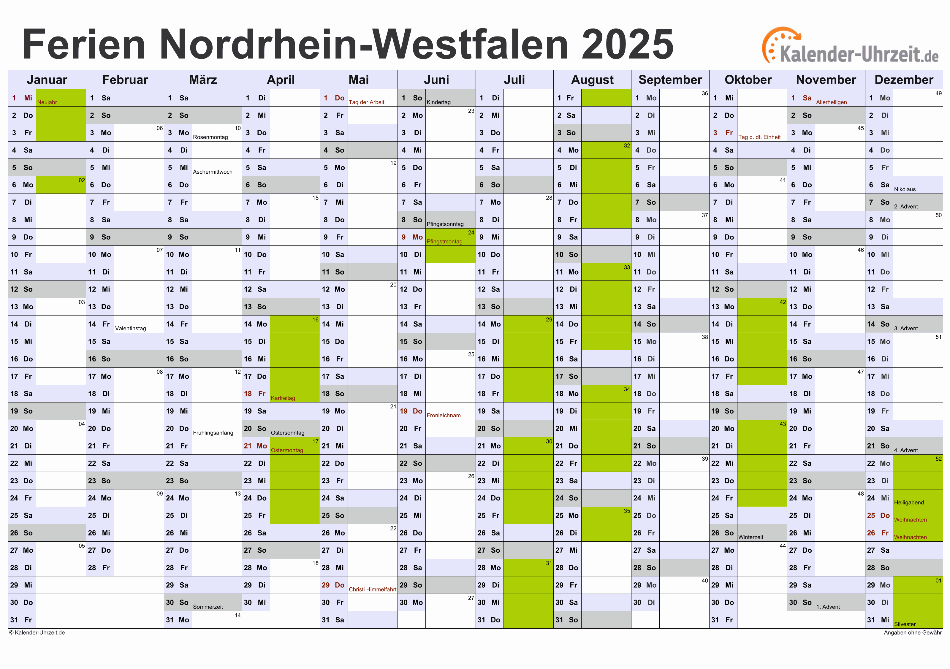 Ferien Nordrhein-Westfalen 2025 - Ferienkalender zum Ausdrucken