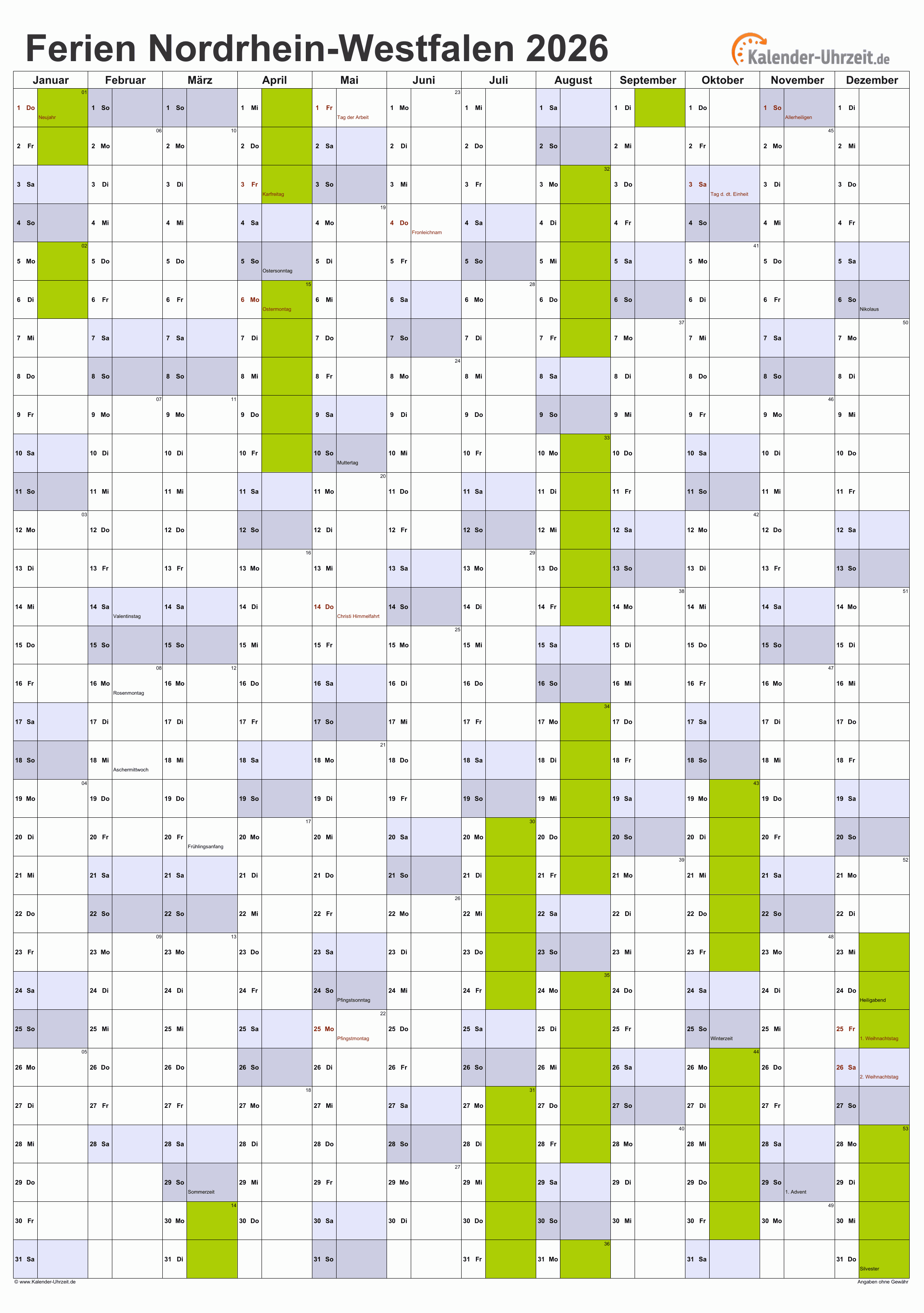  Ferien Nordrhein-Westfalen 2026 - Ferienkalender zum Ausdrucken Bildidee 