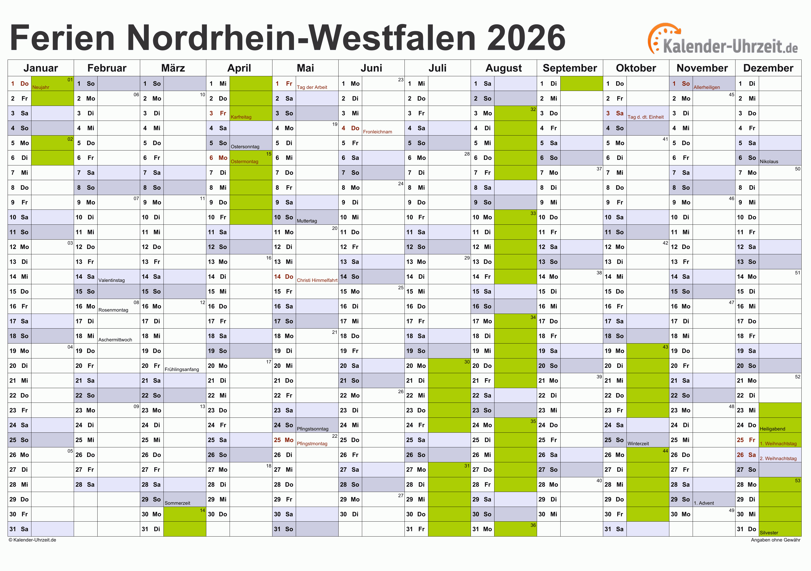  Foto zu Ferien Nordrhein-Westfalen 2026 - Ferienkalender zum Ausdrucken 
