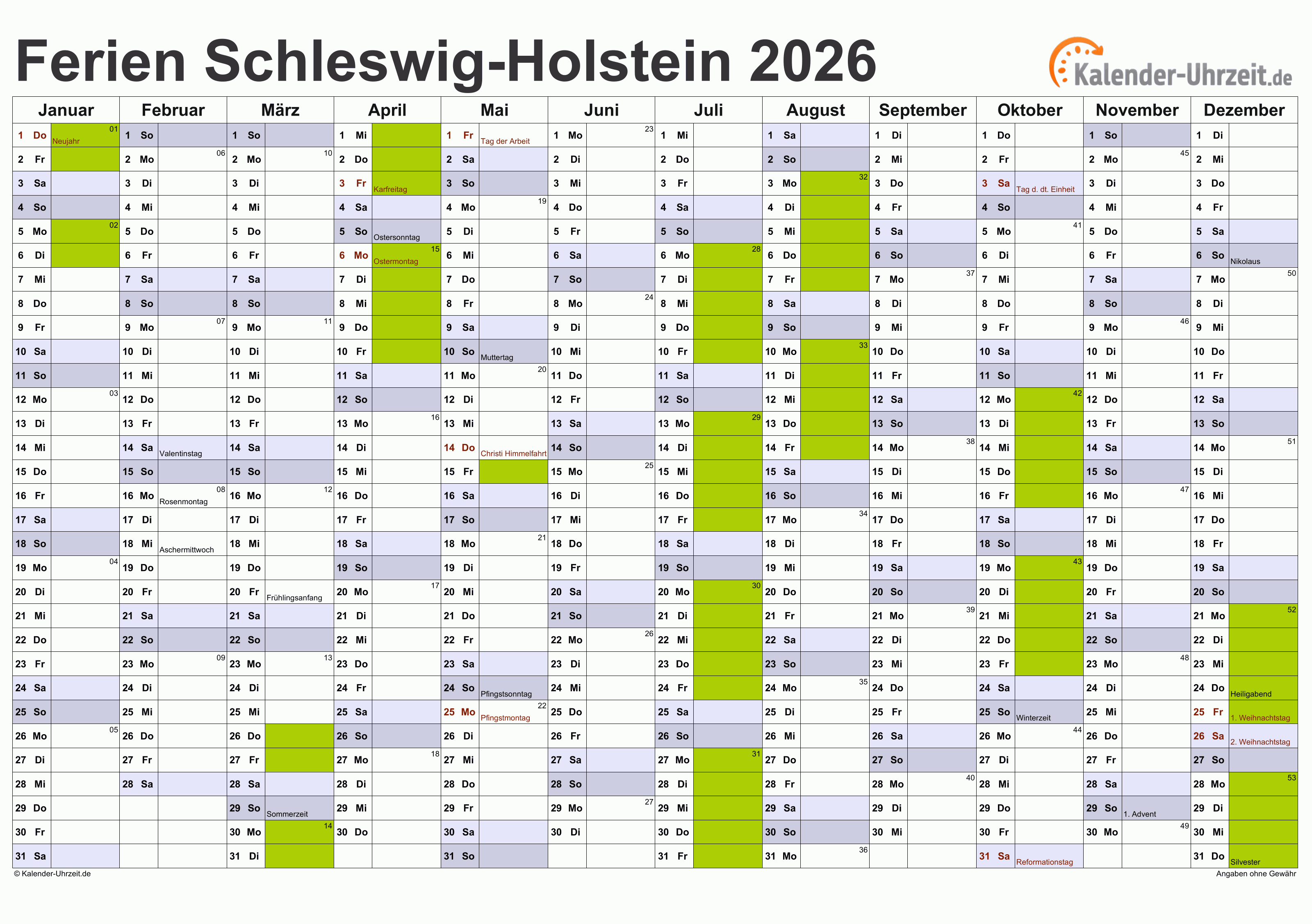  Ferien Schleswig-Holstein 2026 - Ferienkalender zum Ausdrucken 