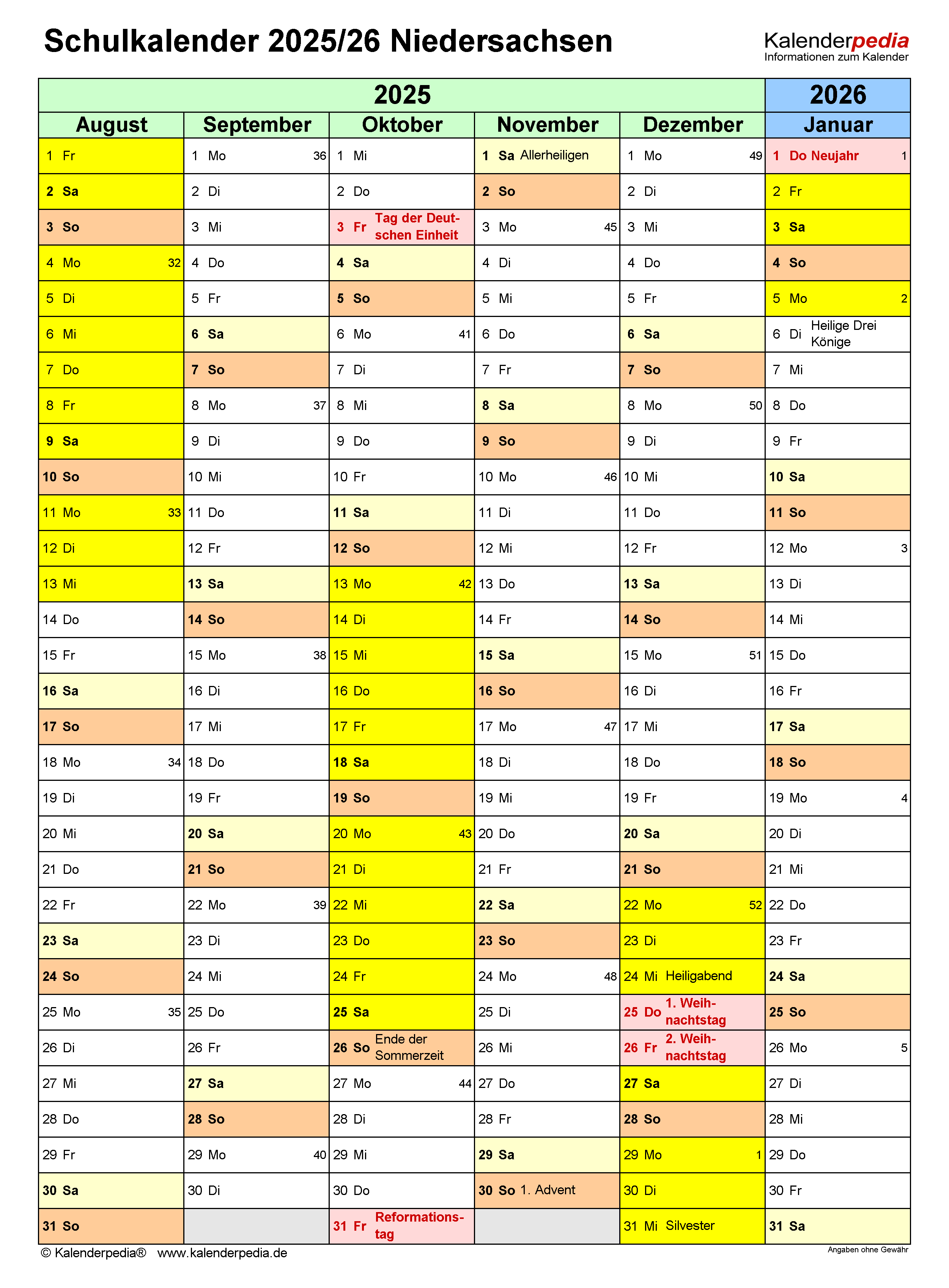  Foto zu Schulkalender 2025/2026 Niedersachsen für PDF 
