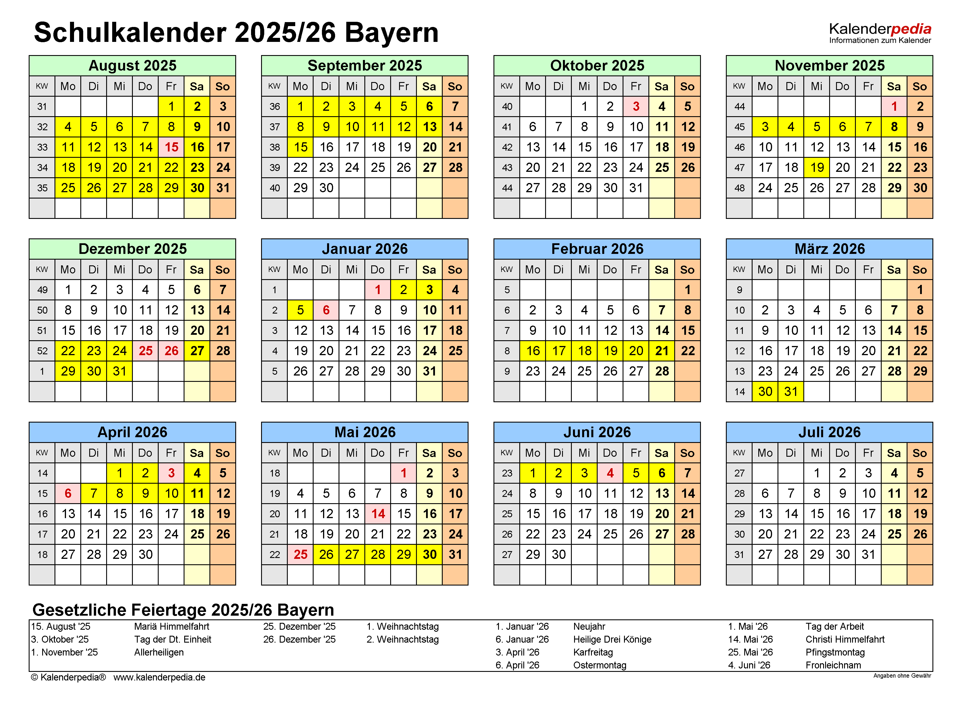  Foto zu Schulkalender 2025/2026 Bayern für Excel 
