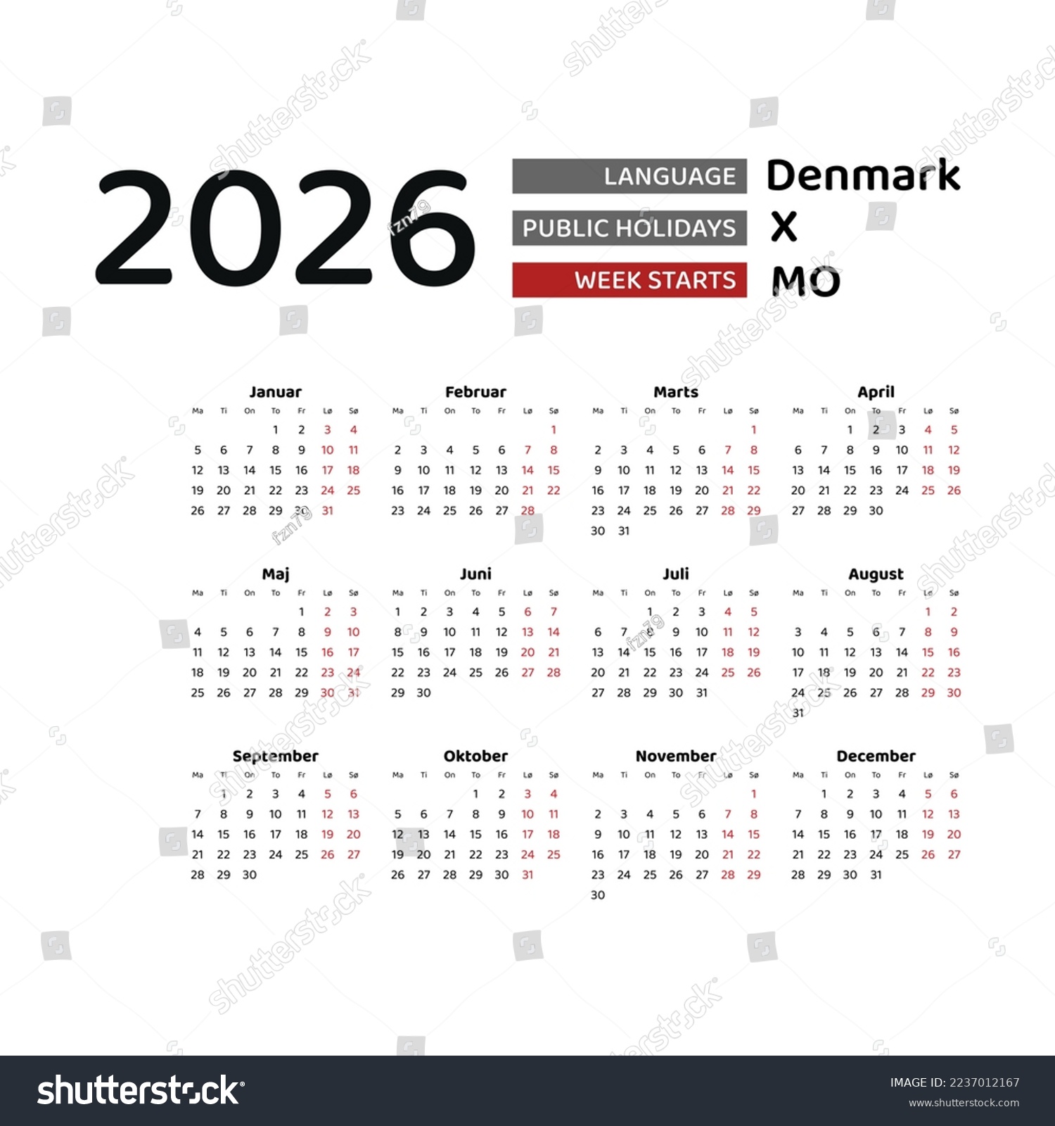  Denmark Calendar 2026 Week Starts Monday Stock Vector (Royalty Free Bildidee 