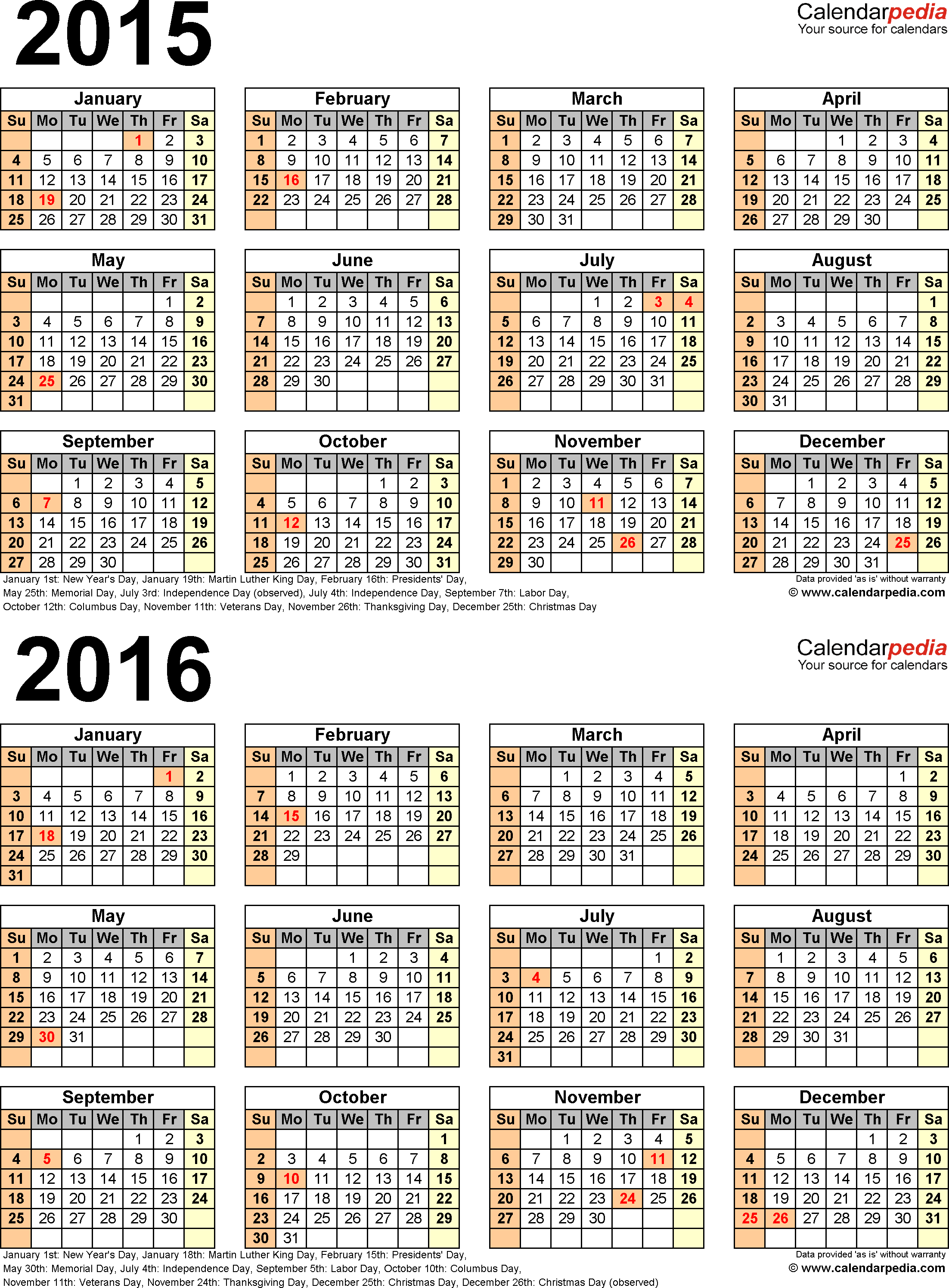  2015-2016 Calendar - free printable two-year Excel calendars Illustration 