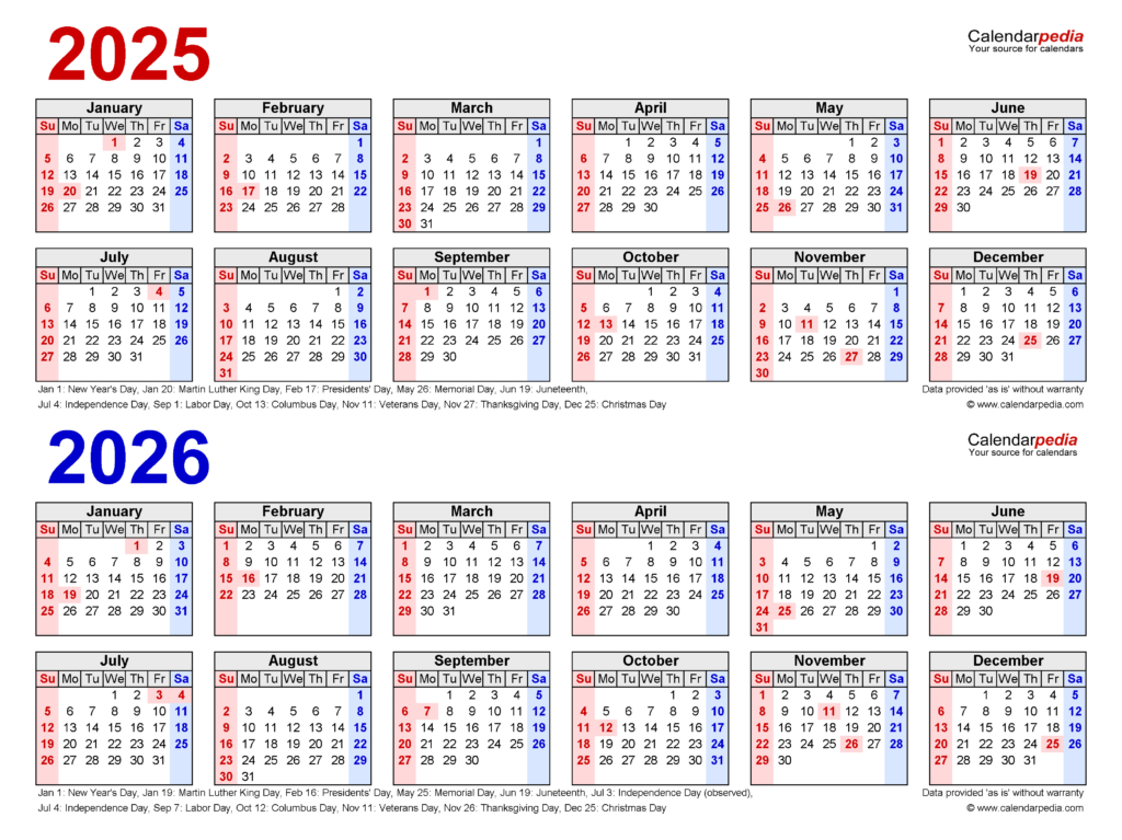  2025 and 2026 Yearly Calendar Printable Illustration 