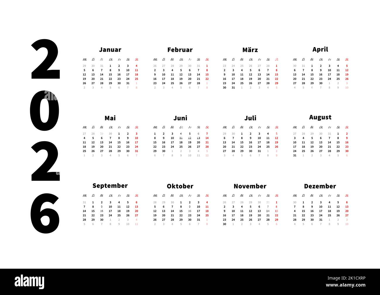  2026 year simple horizontal calendar in german, typographic calendar 