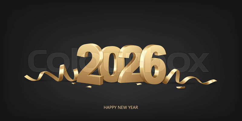  Foto zu Happy New Year 2026. Golden 3D numbers with ribbons and conf 