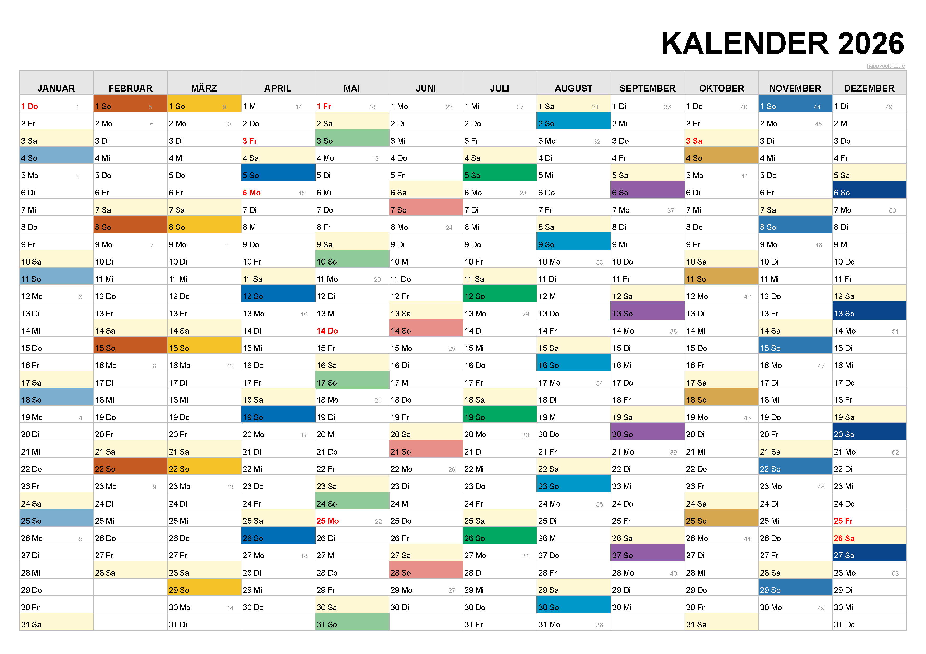  Kalender 2026 mit Kalenderwochen und Feiertagen (pdf, xls & png) Bildidee 