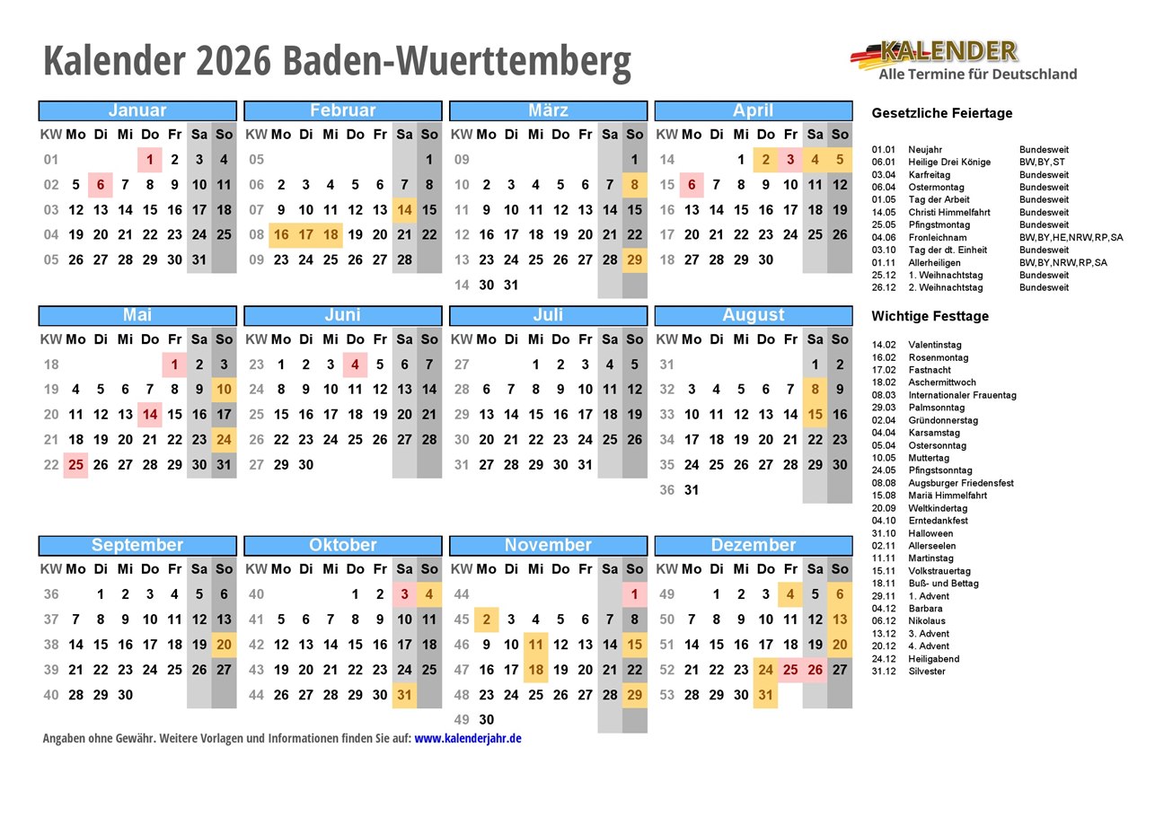  Kalender 2026 Baden-Wuerttemberg PDF und JPG im DIN A4-Querformat 