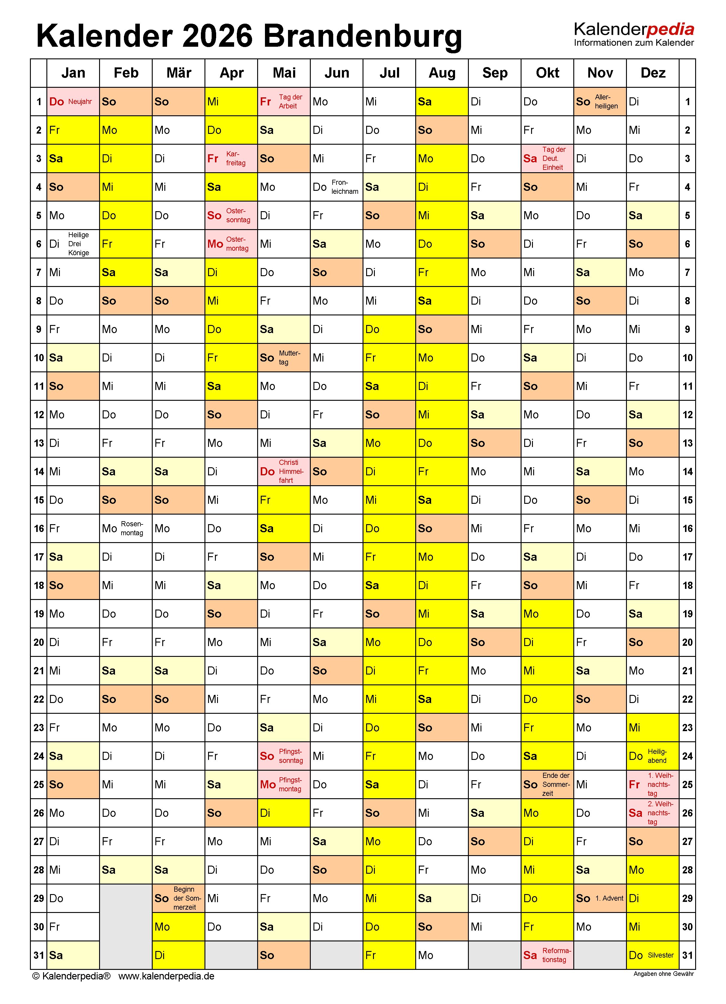  Kalender 2026 Brandenburg: Ferien, Feiertage, PDF-Vorlagen Motiv 