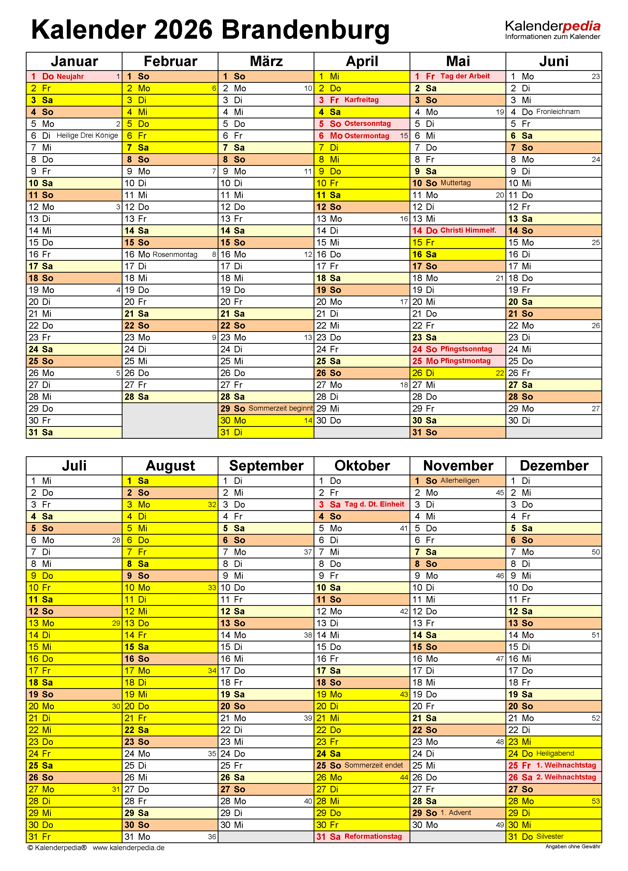  Kalender 2026 Brandenburg: Ferien, Feiertage, PDF-Vorlagen Motiv 