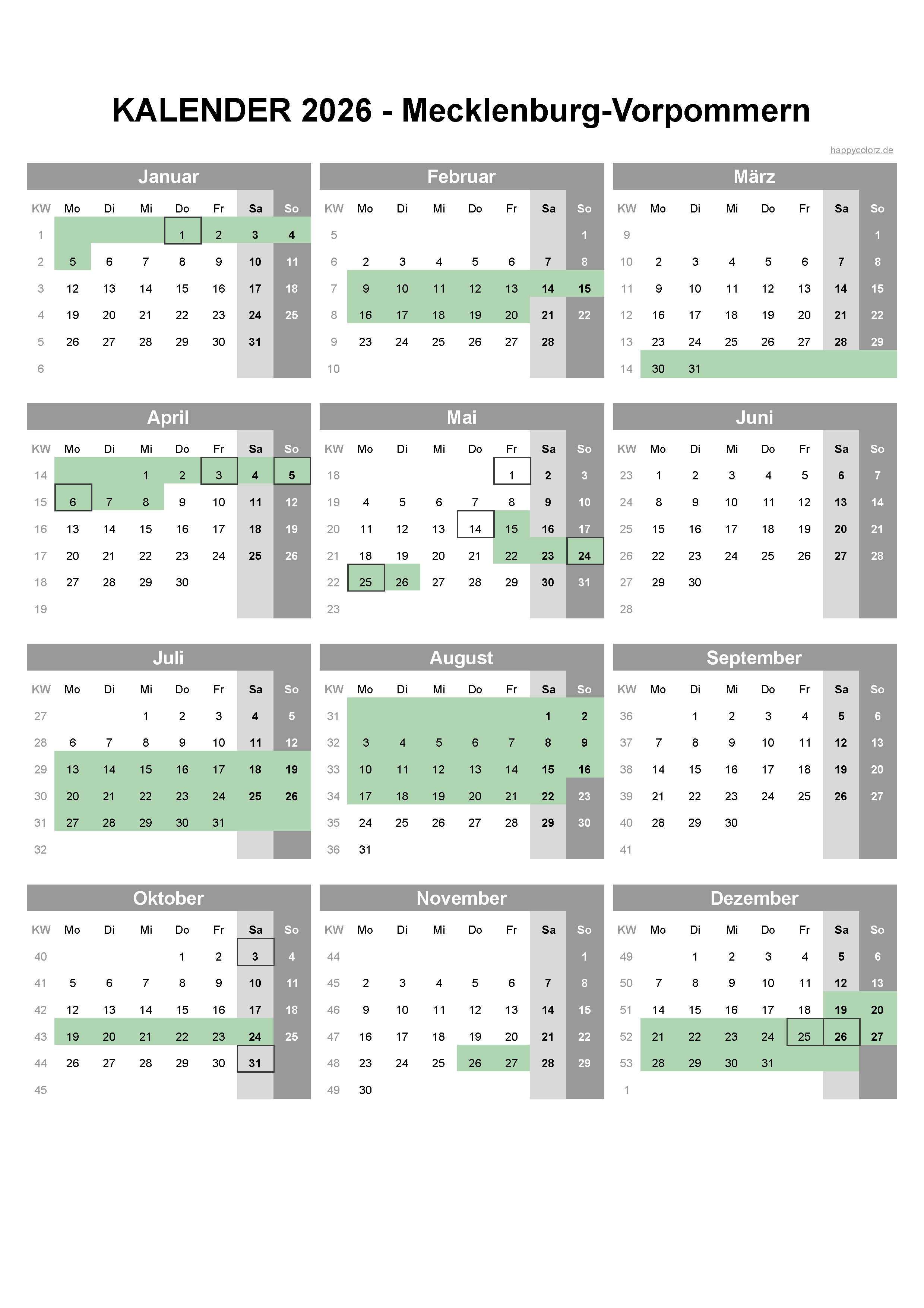  Foto zu Kalender 2026 Mecklenburg-Vorpommern kostenlos: Ferien-Übersicht 