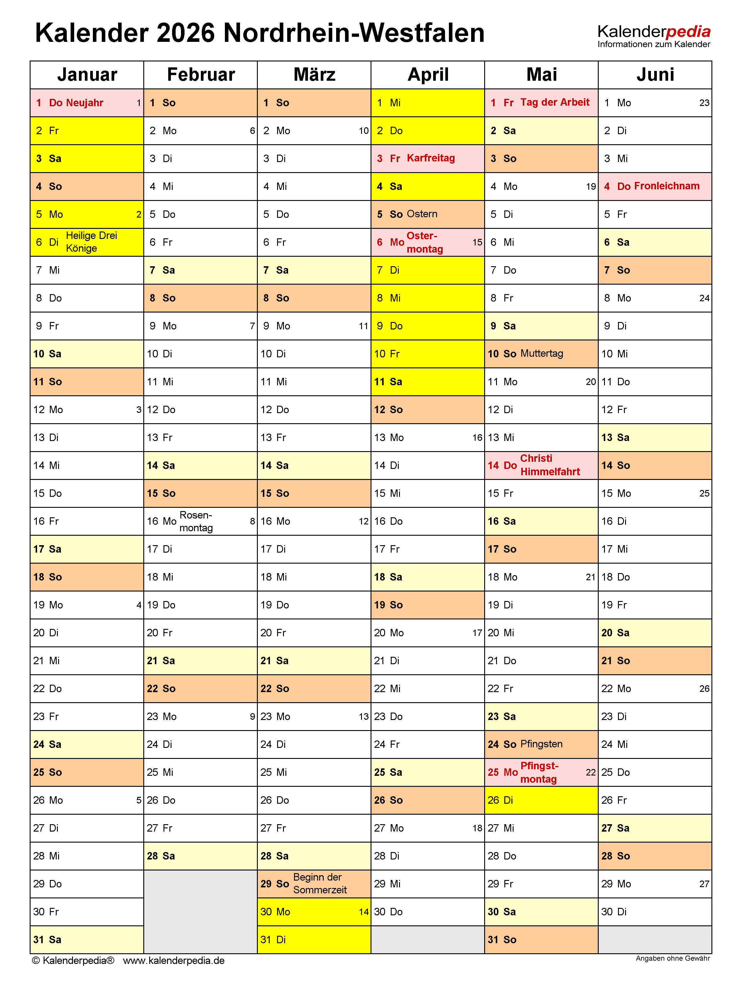  Kalender 2026 NRW: Ferien, Feiertage, PDF-Vorlagen Illustration 
