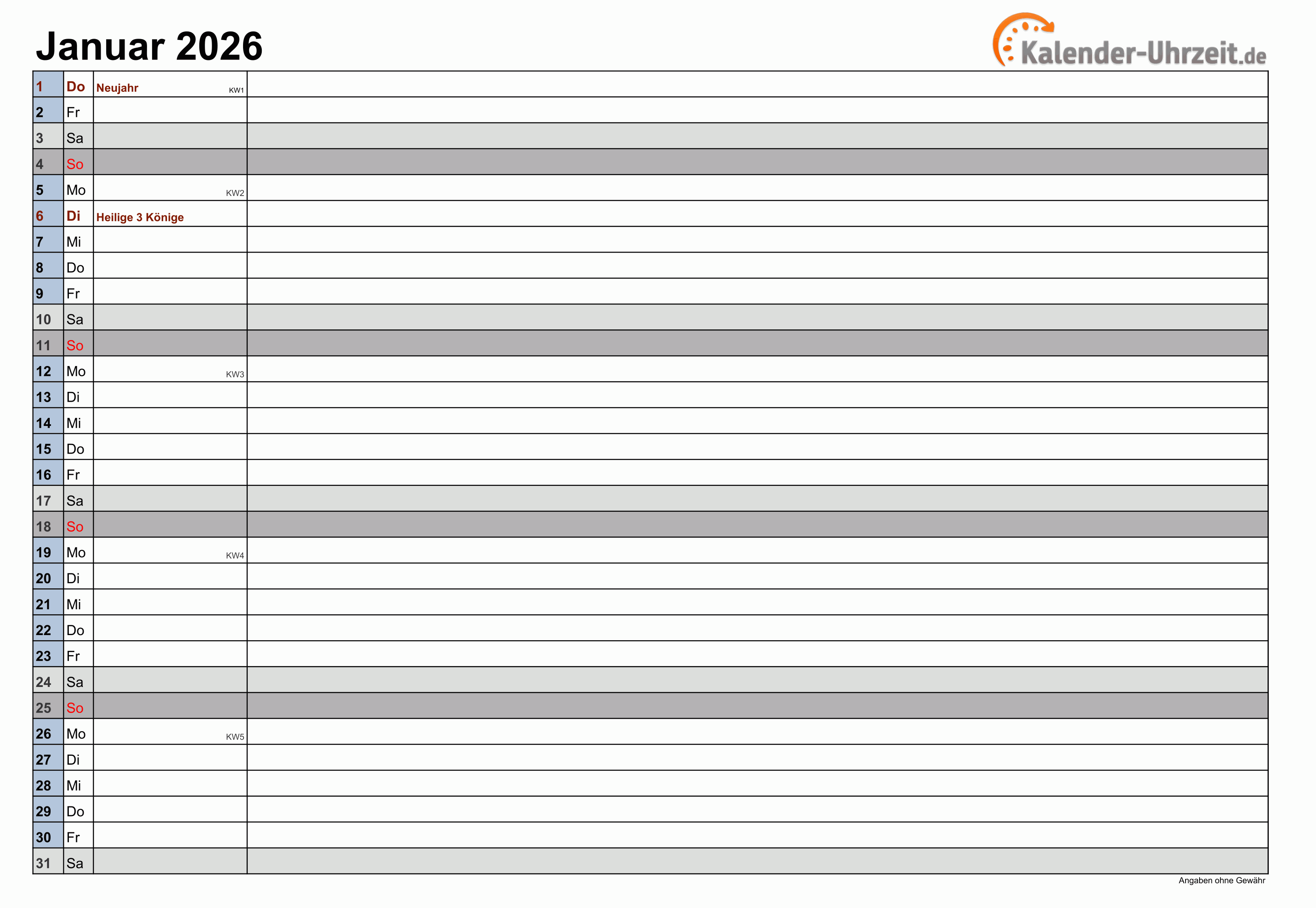  EXCEL-KALENDER 2026 - KOSTENLOS Bildidee 