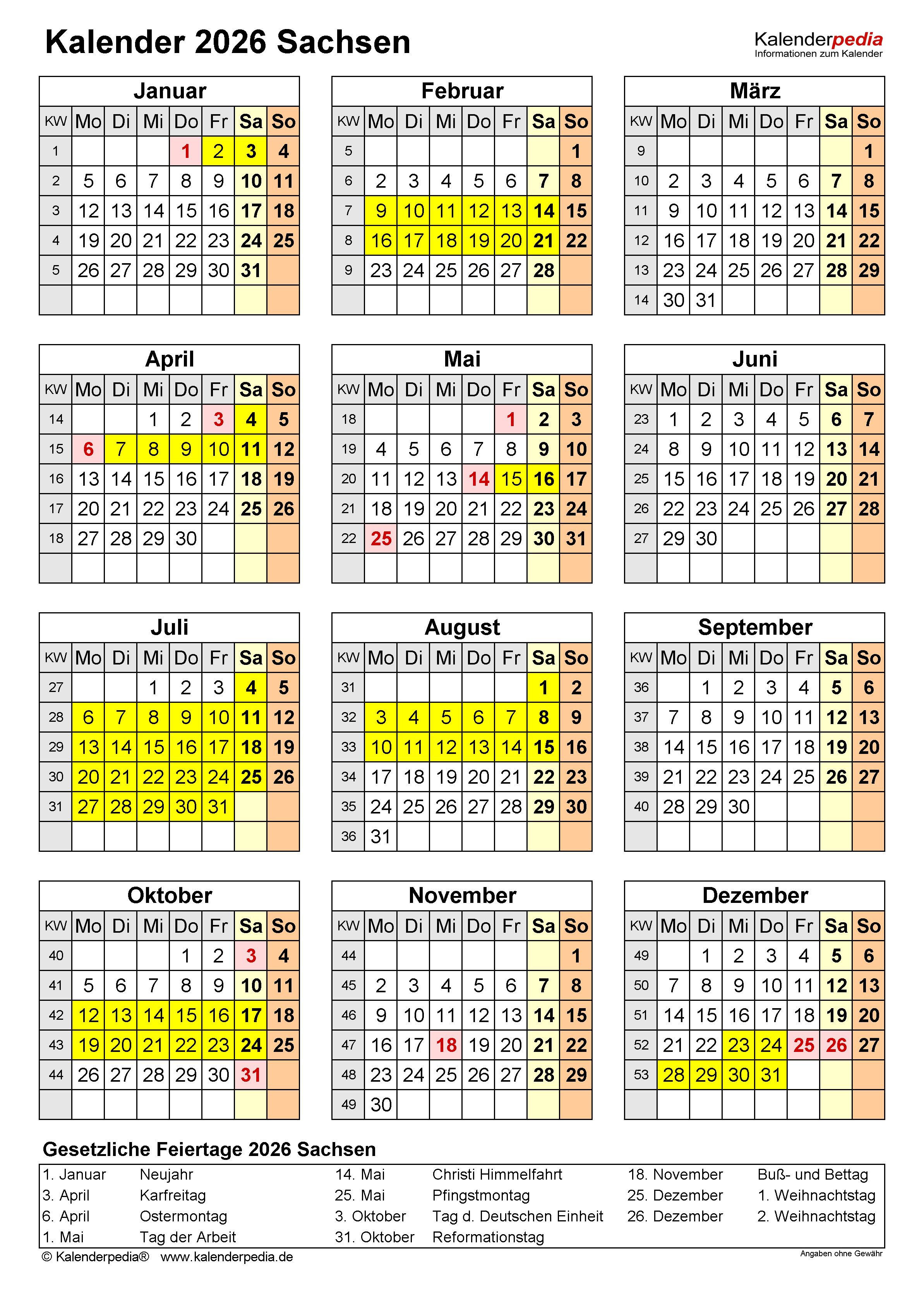  Kalender 2026 Sachsen: Ferien, Feiertage, Excel-Vorlagen Bildidee 