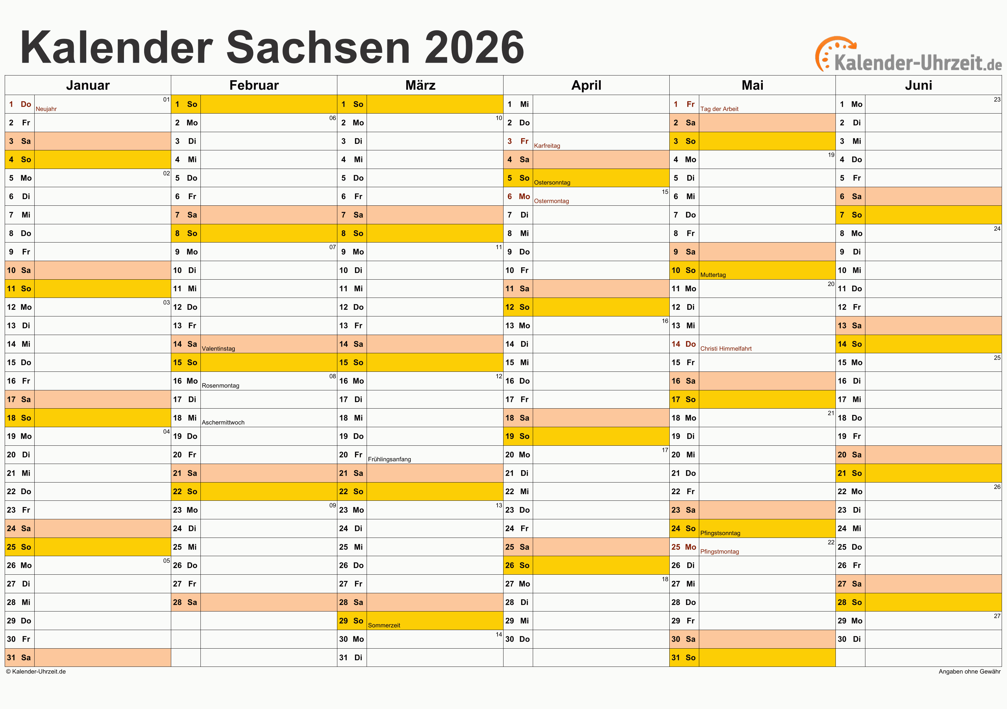  Feiertage 2026 Sachsen + Kalender Illustration 