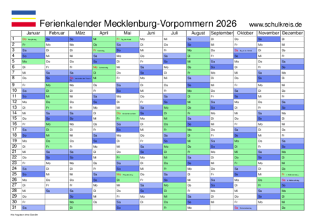  Schulferien-Kalender Mecklenburg-Vorpommern MV 2026 mit Feiertagen und Motiv 