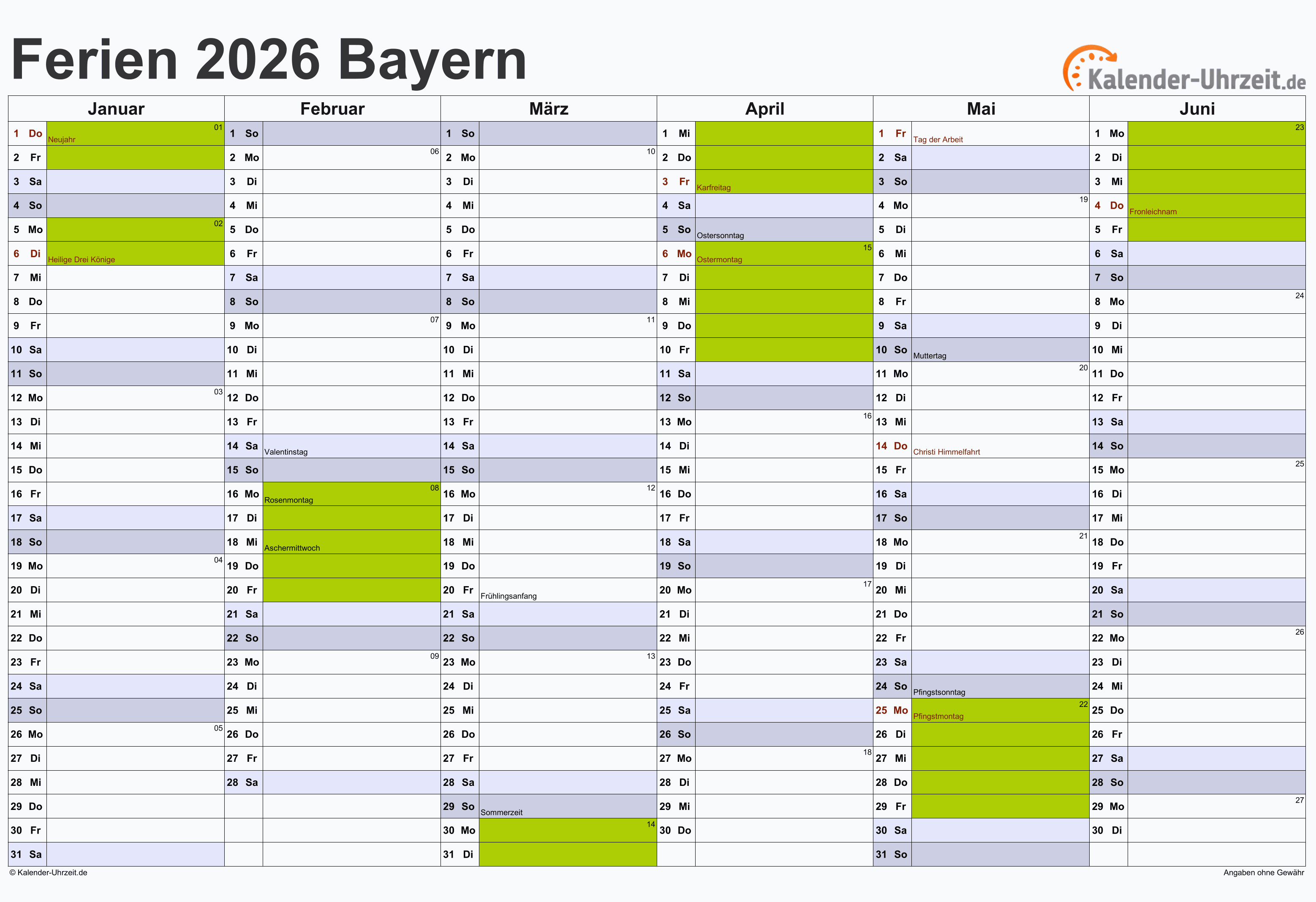  Ferien Bayern 2026 - Ferienkalender zum Ausdrucken Illustration 