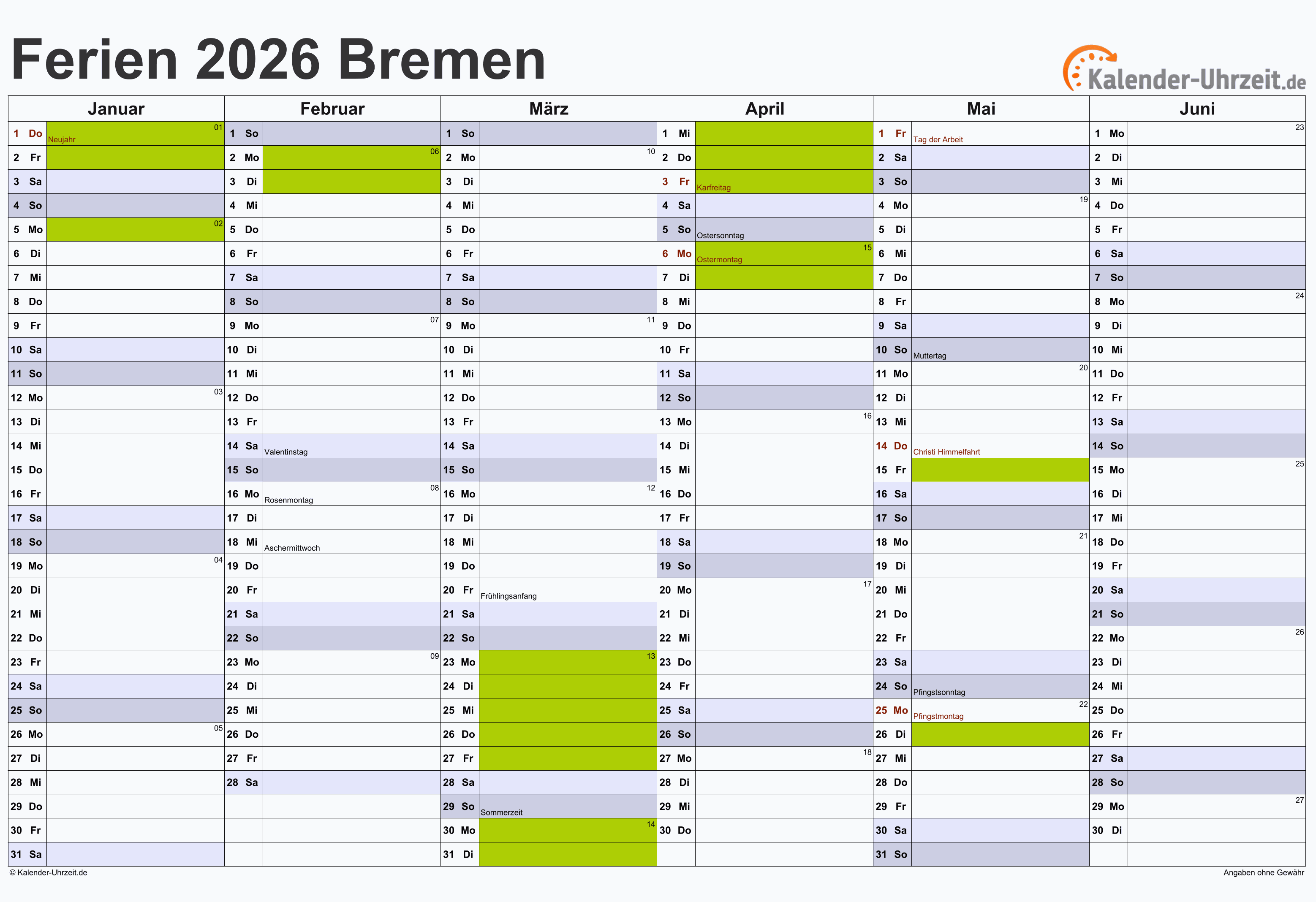  Foto zu Ferien Bremen 2026 - Ferienkalender zum Ausdrucken 