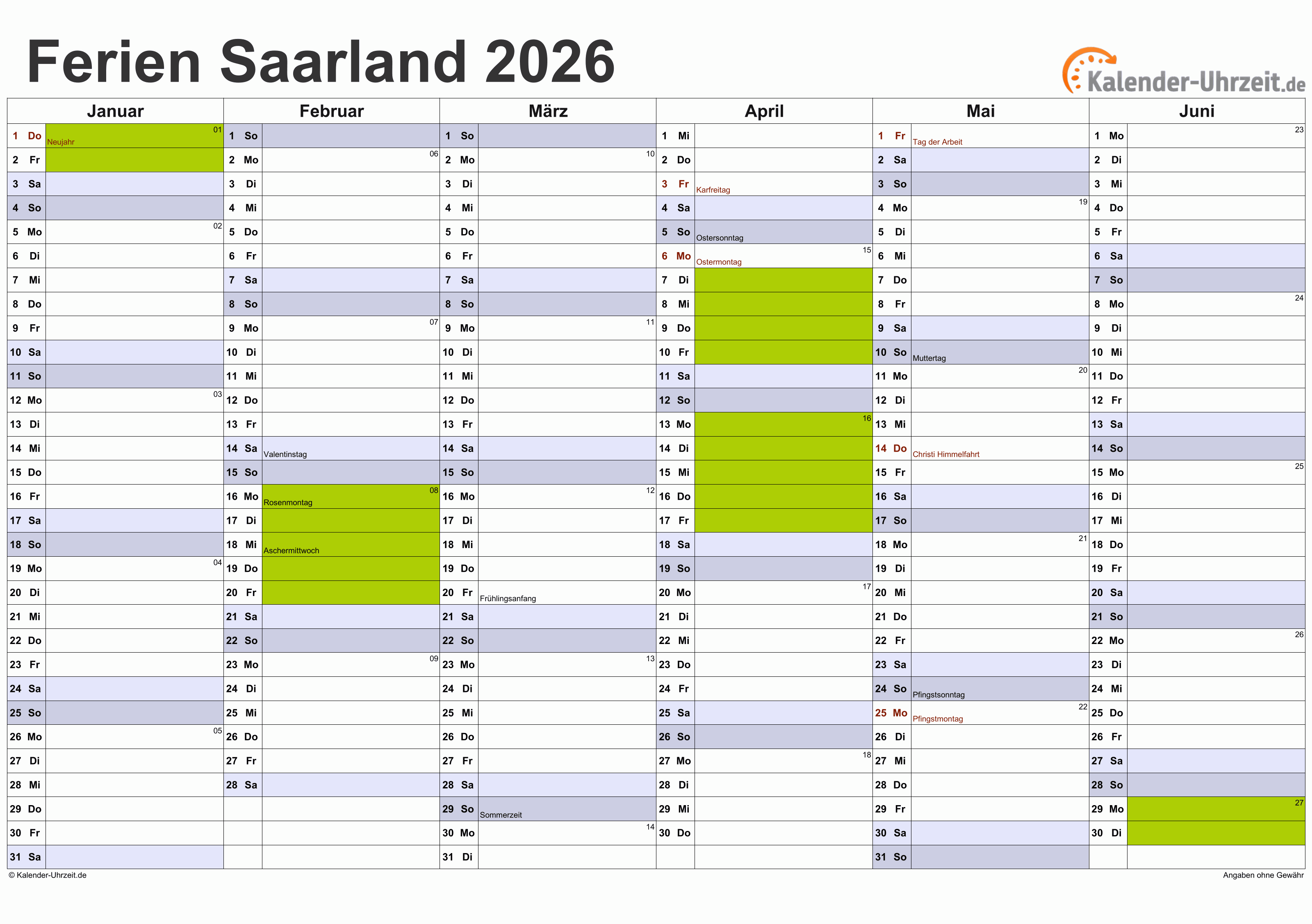  Ferien Saarland 2026 - Ferienkalender zum Ausdrucken Illustration 