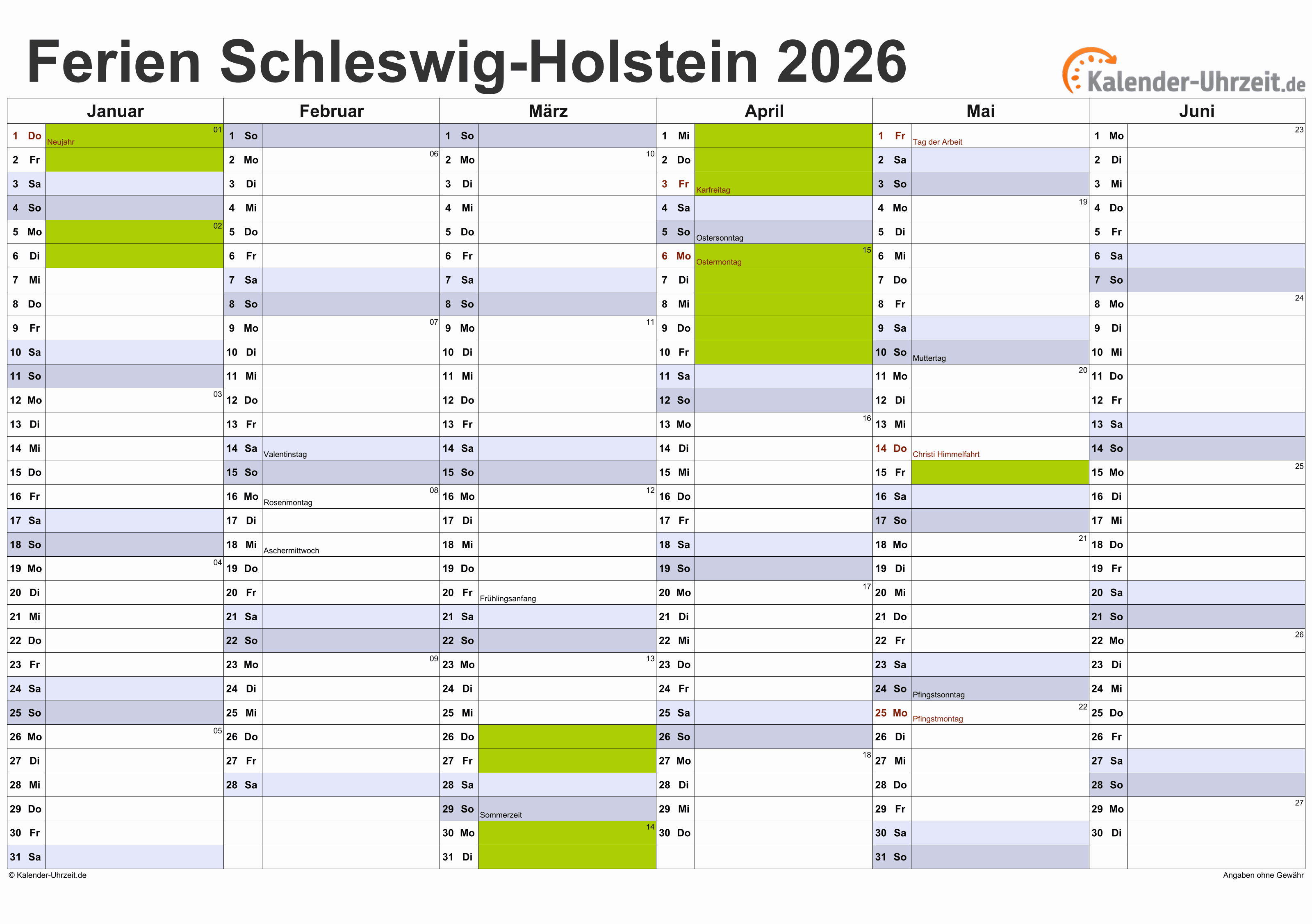  Ferien Schleswig-Holstein 2026 - Ferienkalender zum Ausdrucken 