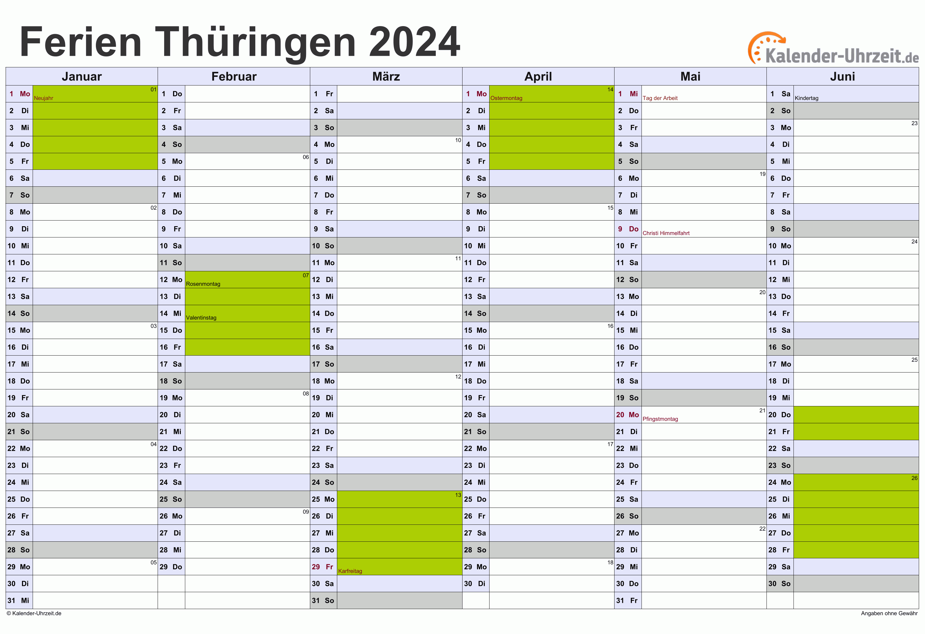  Ferien Thüringen 2024 - Ferienkalender zum Ausdrucken Motiv 