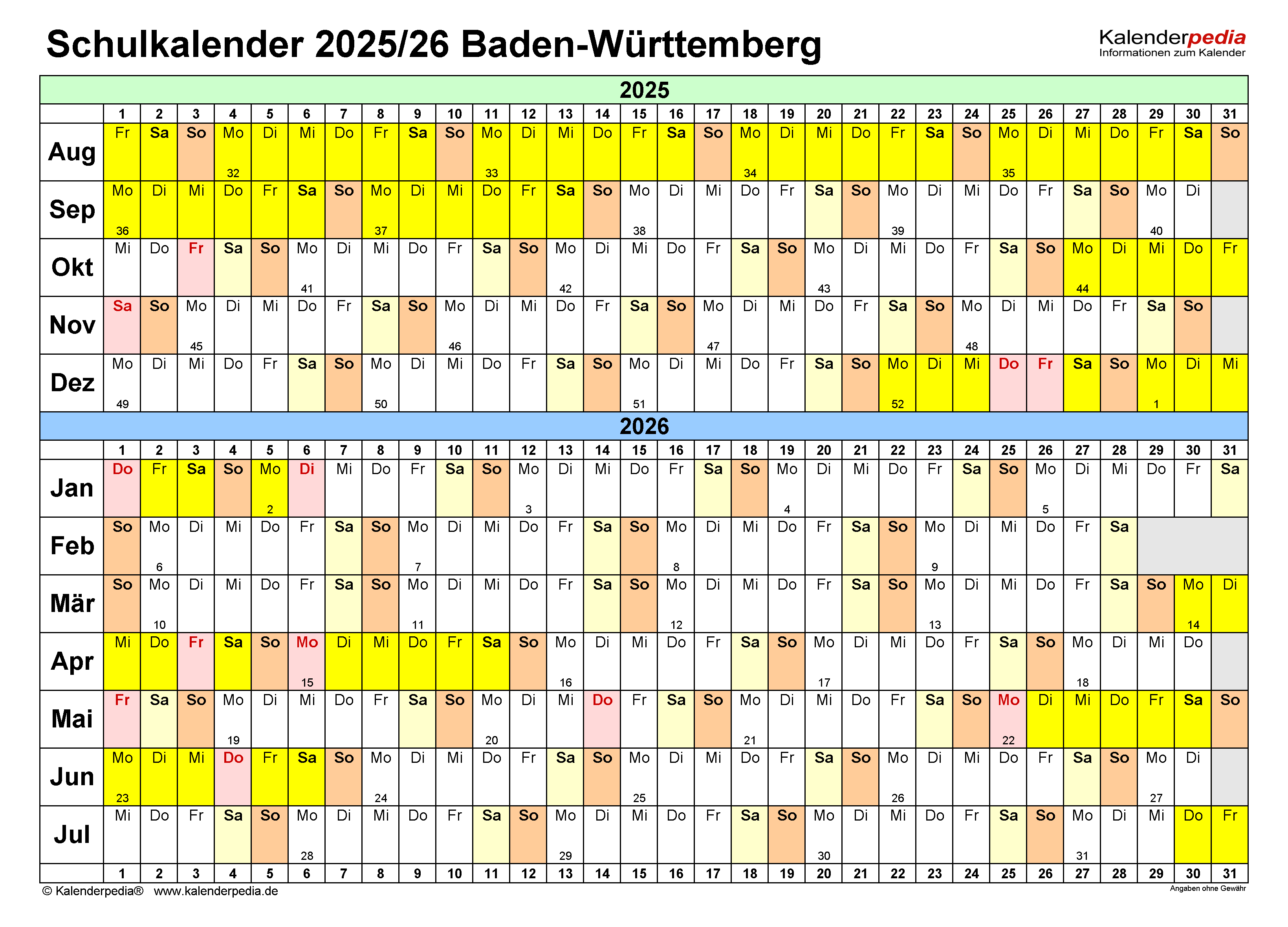  Schulkalender 2025/2026 Baden-Württemberg für Excel Illustration 