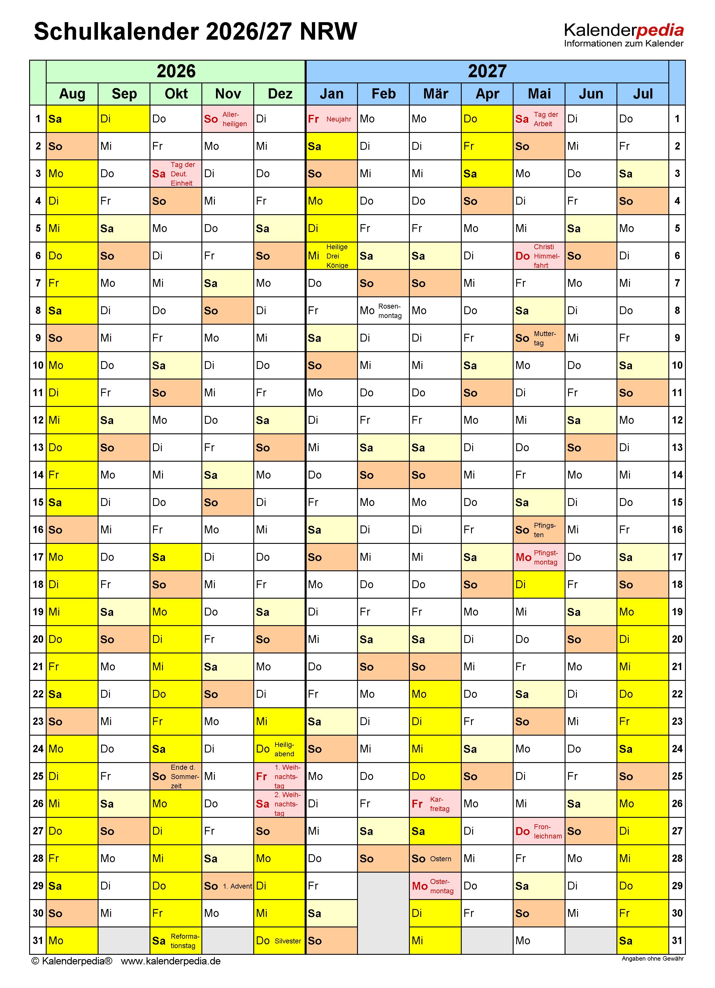  Schulkalender 2026/2027 NRW für PDF Illustration 